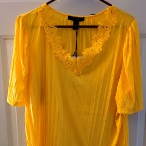 NWT BRIGHT YELLOW SHEER BLOUSE WITH LACE DETAILS AROUND NECKLINE